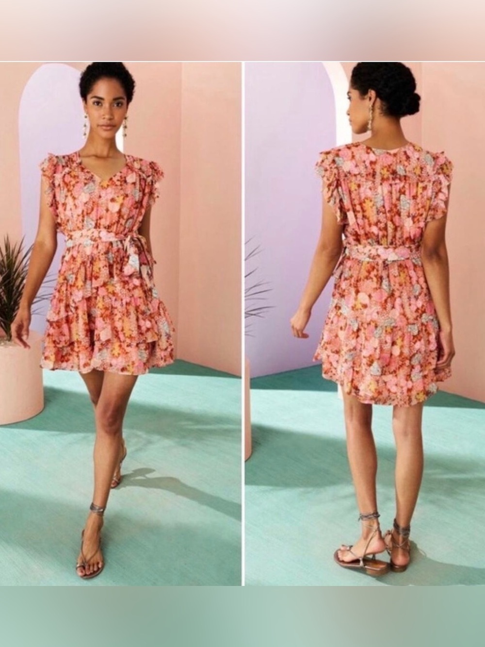 Marie Oliver Thea Ruffled Floral-Print Mini Dress Size Large Metallic Silk Blend